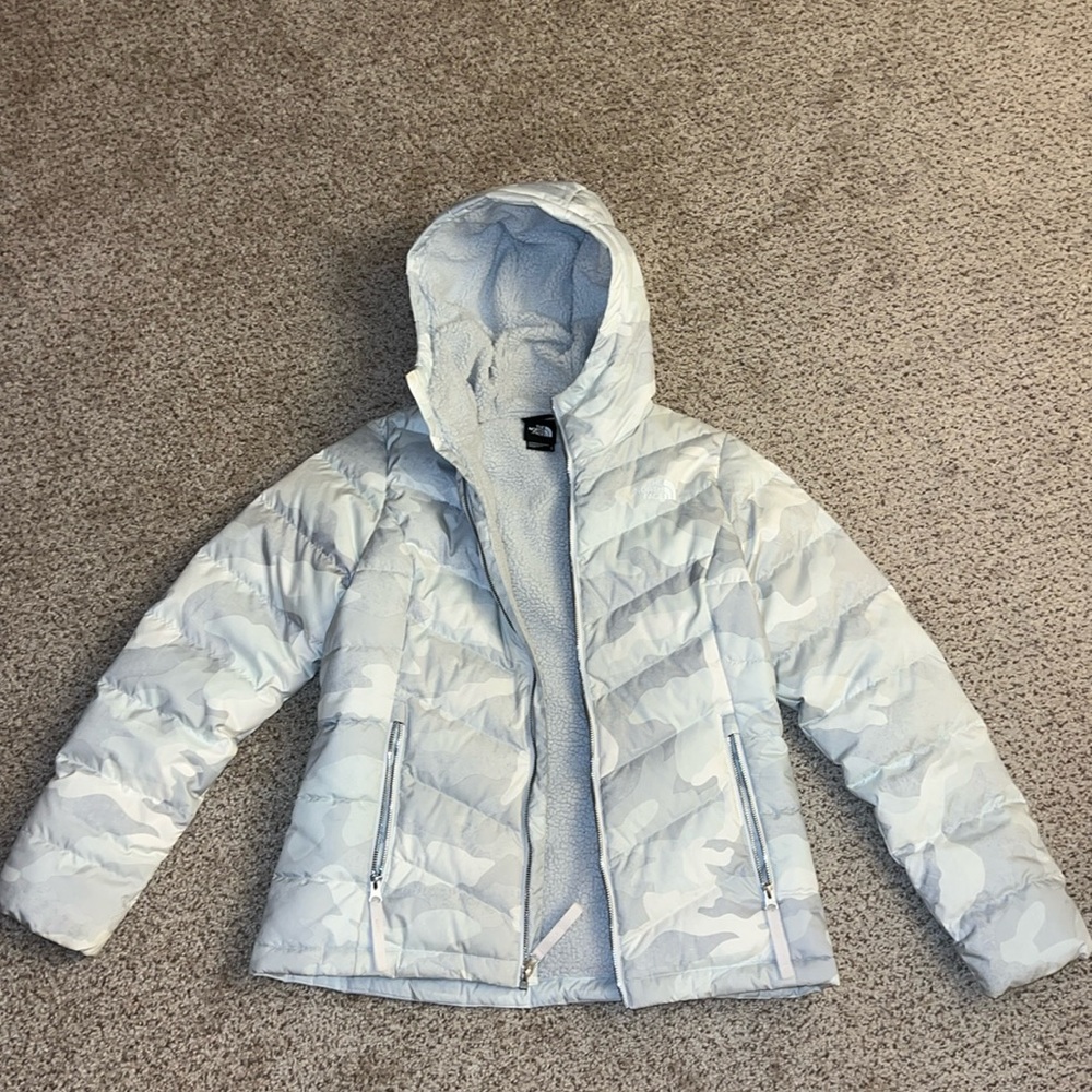 Light Gray and White Camo North Face Winter Jacket